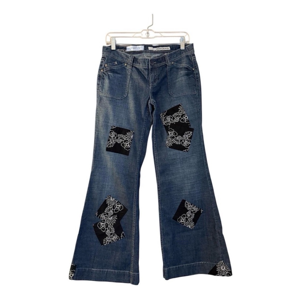 DKNY Blue Flare Jeans with Black Floral Accents
